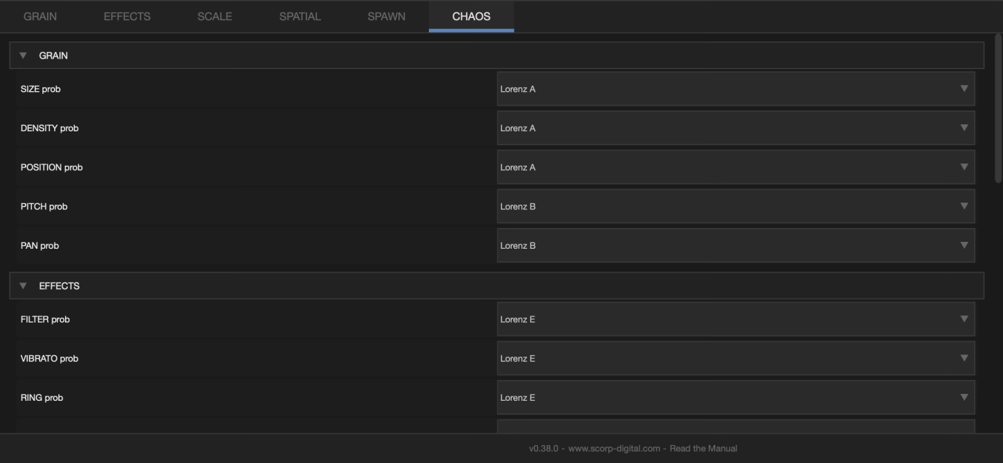 Granulate CHAOS tab, 34 mathematical attractor modulators VST