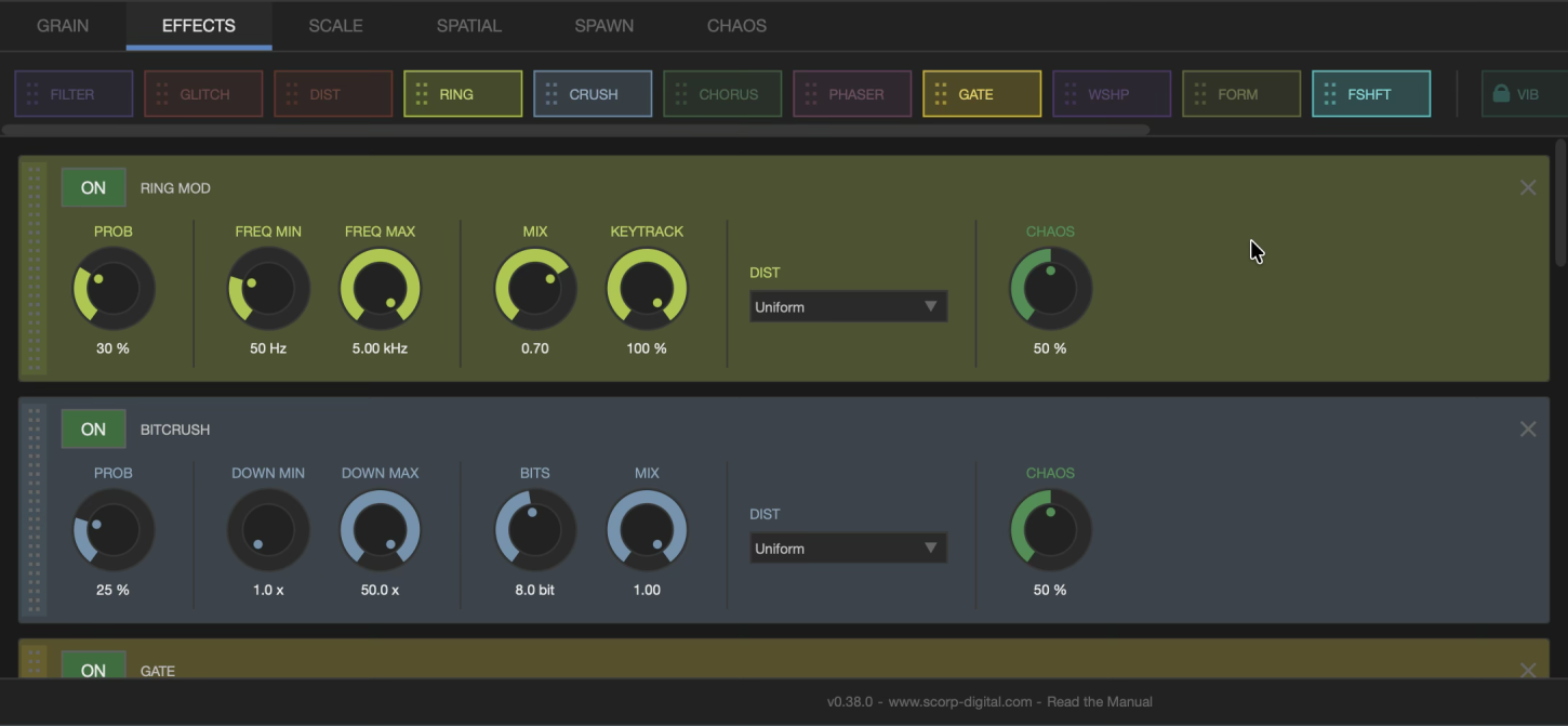 Granulate EFFECTS tab, 16 per-grain effects VST plugin