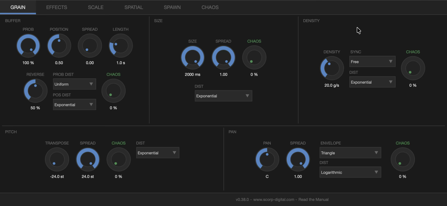 Granulate GRAIN tab, granular synthesizer VST engine controls