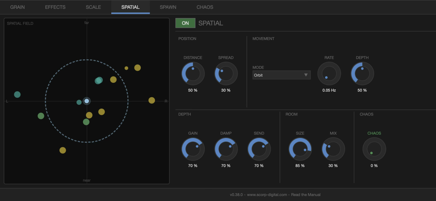 Granulate SPATIAL tab, per-grain spatial audio VST plugin