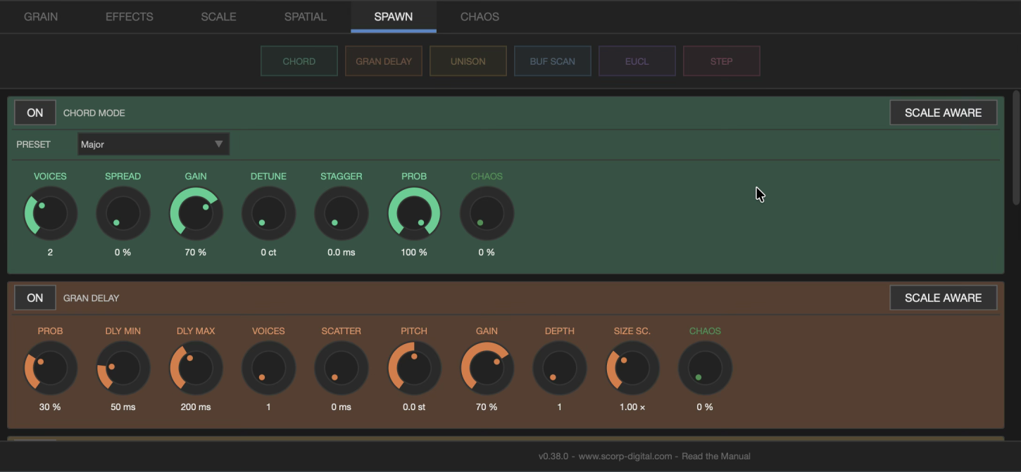 Granulate SPAWN tab, cascading grain generation VST plugin